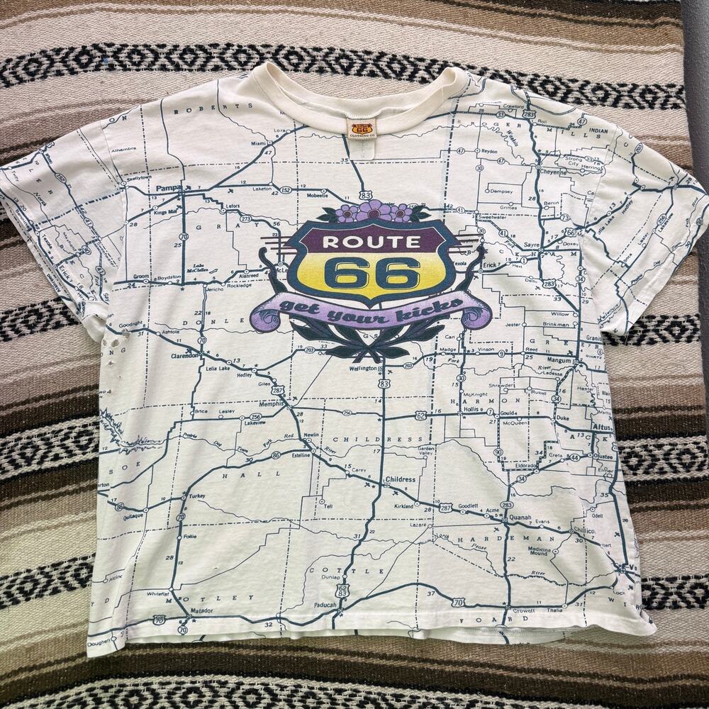 Women's Vintage 90's Route 66 Get Your Kicks Map All Over Print White Shirt 2X